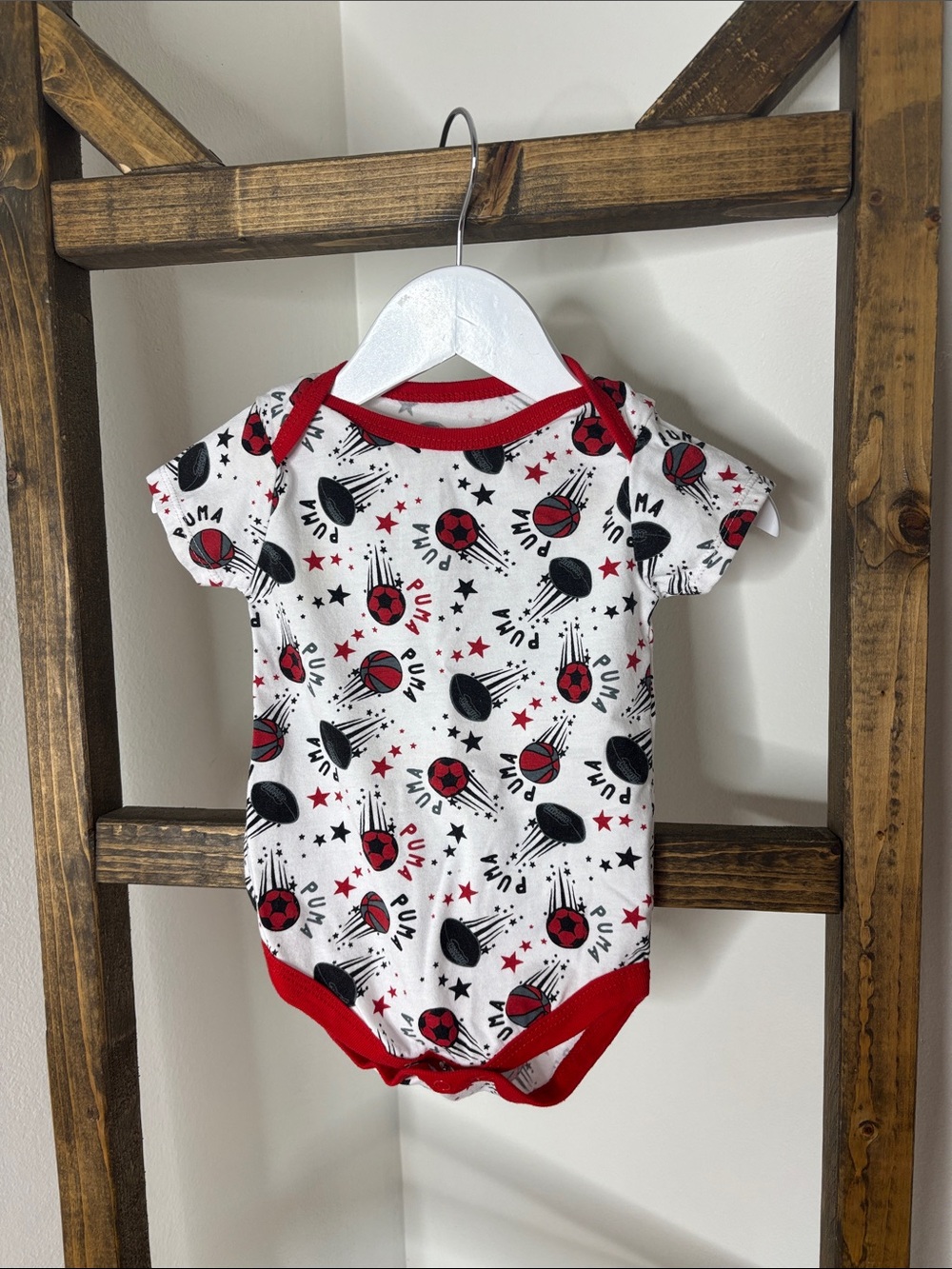 Puma White Bodysuit with Red & Black Sports Size 6-9M